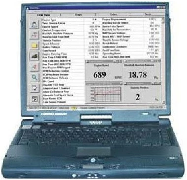 Marine engine diagnostic software interface reviewing ECM data during a Portland, Oregon boat survey
