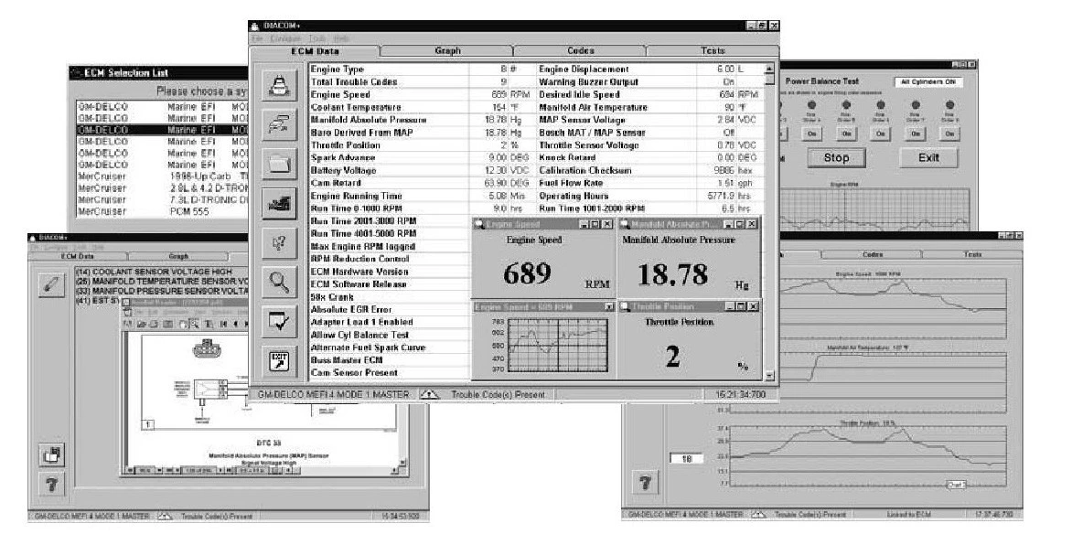 Marine diagnostic software displaying live engine performance data during an Oregon vessel evaluation